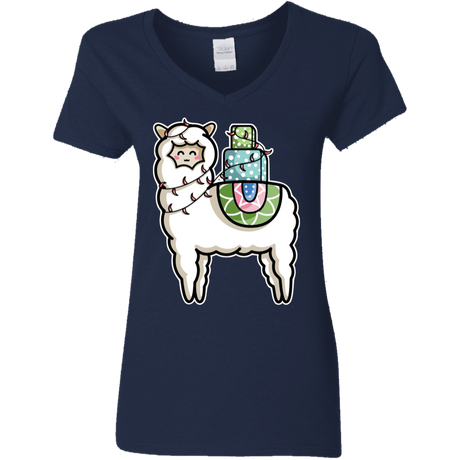 T-Shirts Navy / S Kawaii Cute Llama Carrying Presents Women's V-Neck T-Shirt