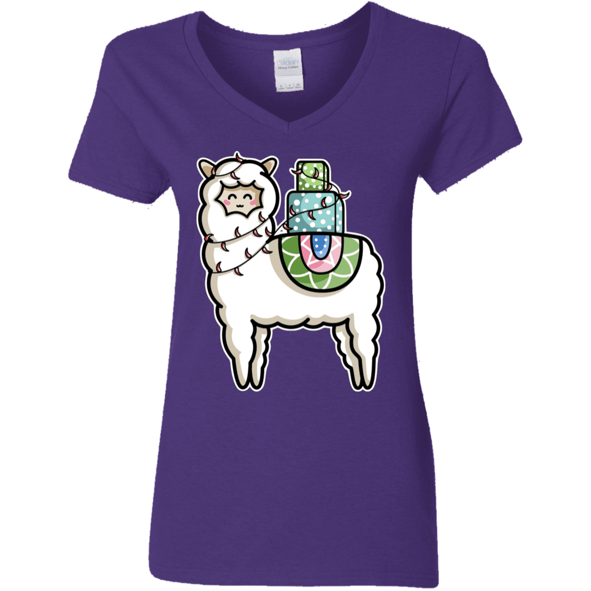 T-Shirts Purple / S Kawaii Cute Llama Carrying Presents Women's V-Neck T-Shirt