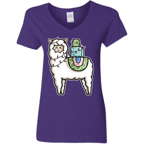 T-Shirts Purple / S Kawaii Cute Llama Carrying Presents Women's V-Neck T-Shirt