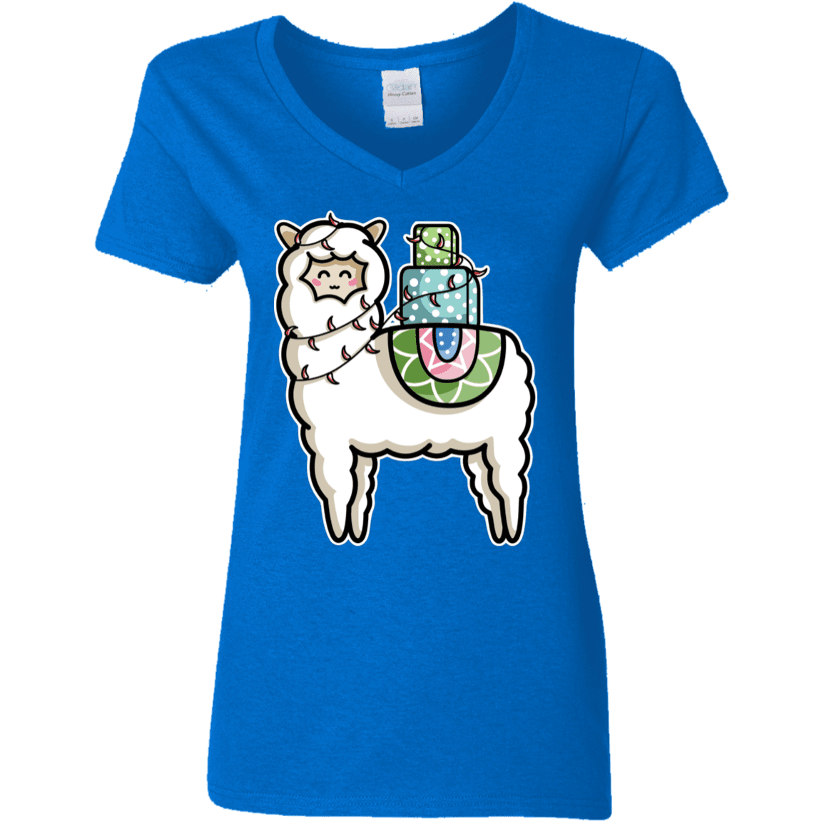 T-Shirts Royal / S Kawaii Cute Llama Carrying Presents Women's V-Neck T-Shirt