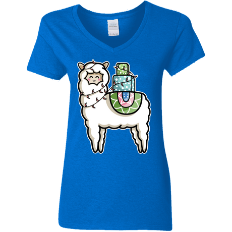 T-Shirts Royal / S Kawaii Cute Llama Carrying Presents Women's V-Neck T-Shirt