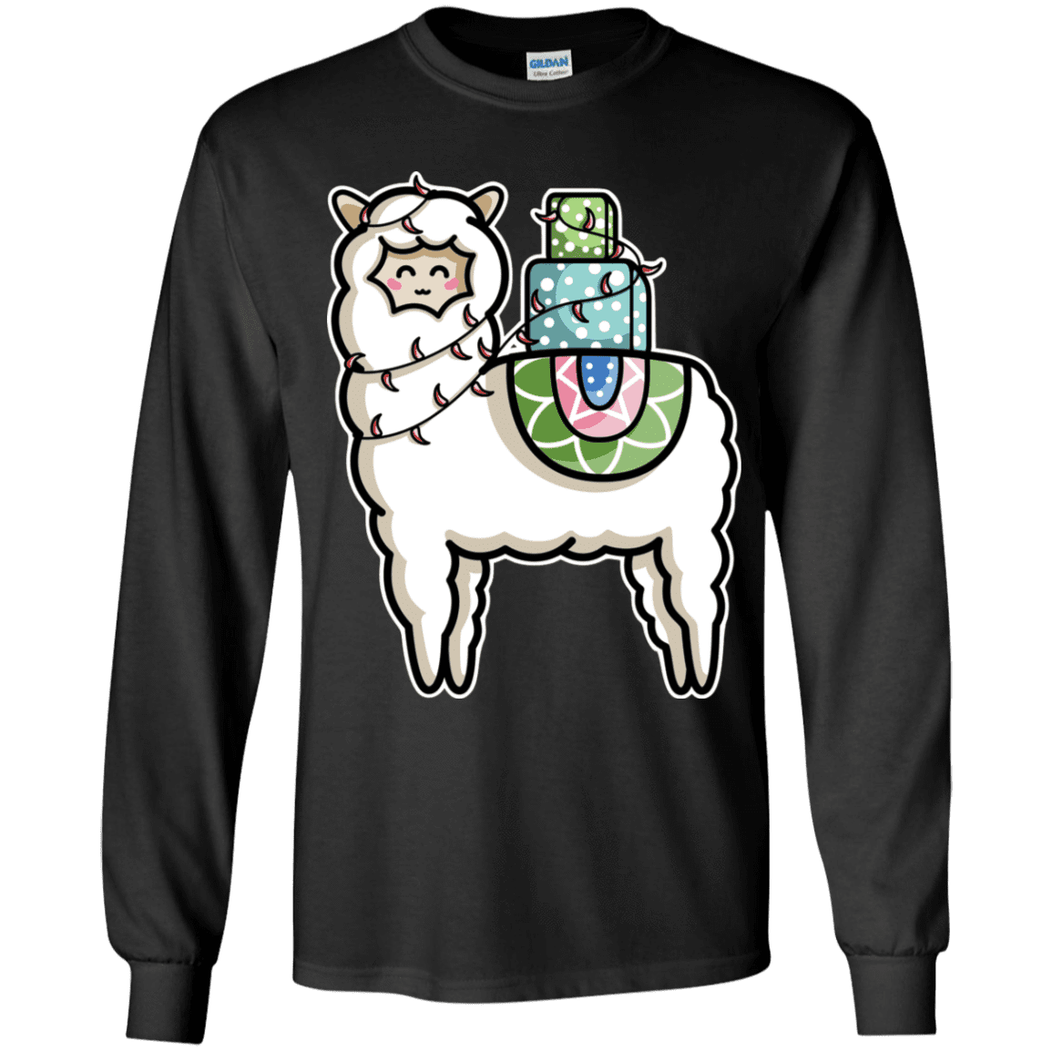 T-Shirts Black / YS Kawaii Cute Llama Carrying Presents Youth Long Sleeve T-Shirt