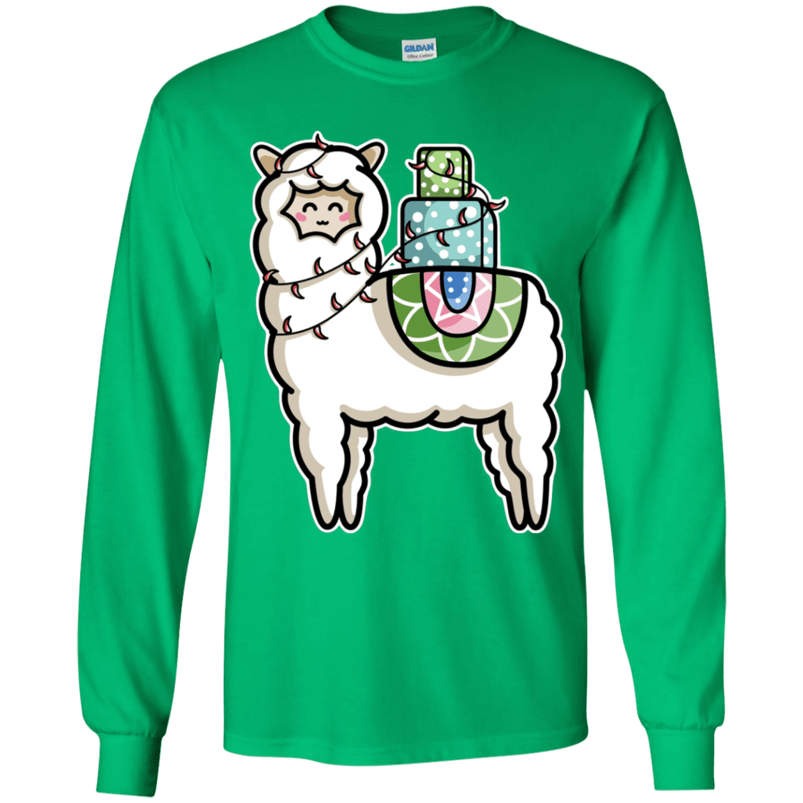 T-Shirts Irish Green / YS Kawaii Cute Llama Carrying Presents Youth Long Sleeve T-Shirt