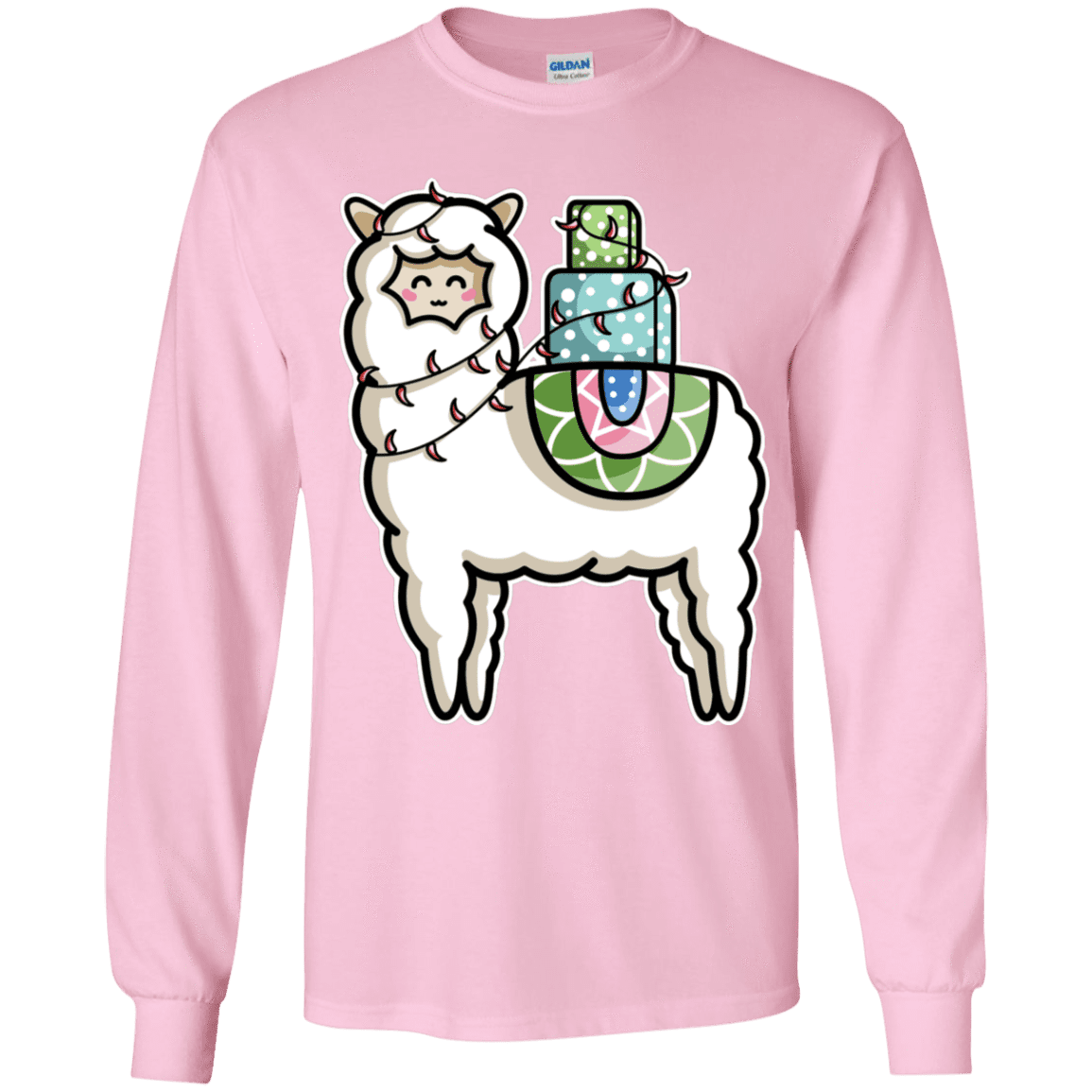 T-Shirts Light Pink / YS Kawaii Cute Llama Carrying Presents Youth Long Sleeve T-Shirt