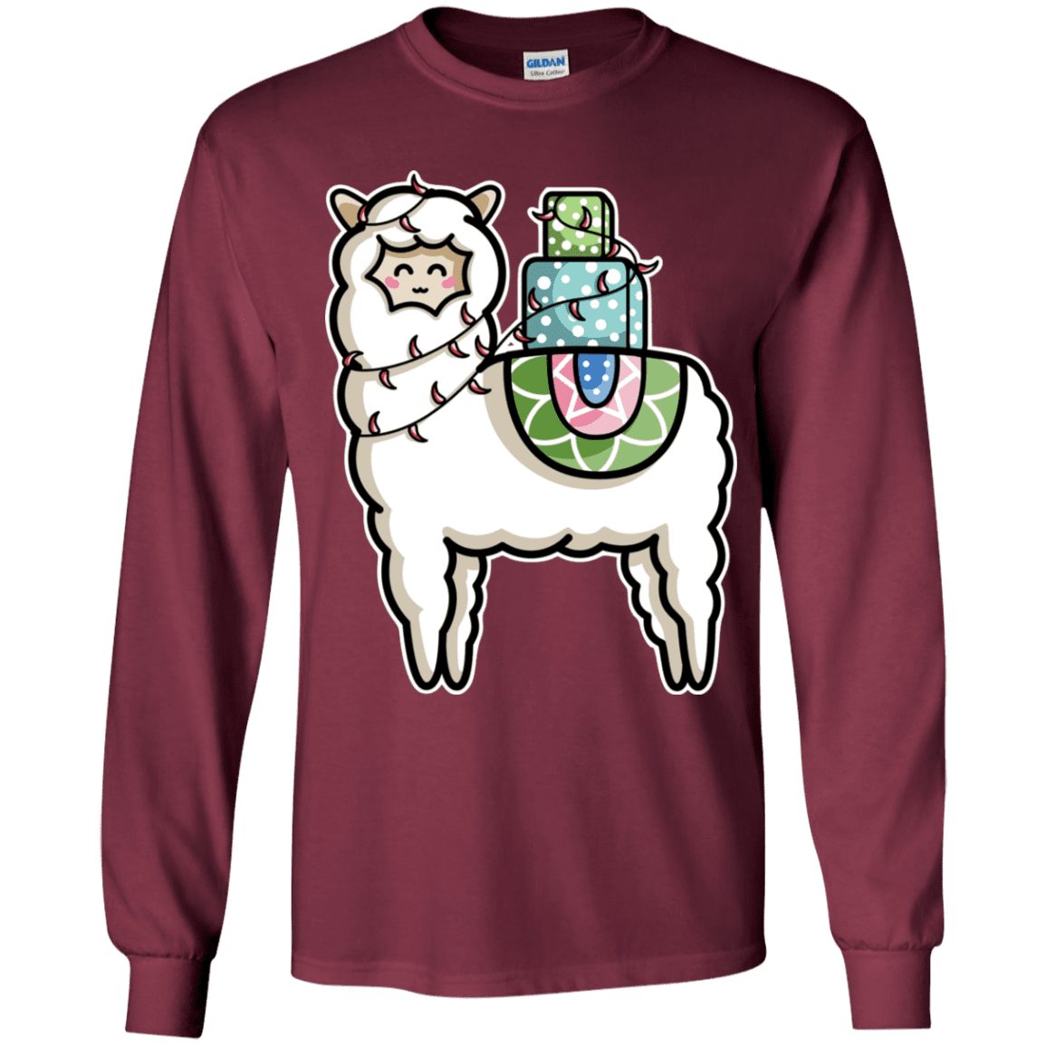 T-Shirts Maroon / YS Kawaii Cute Llama Carrying Presents Youth Long Sleeve T-Shirt