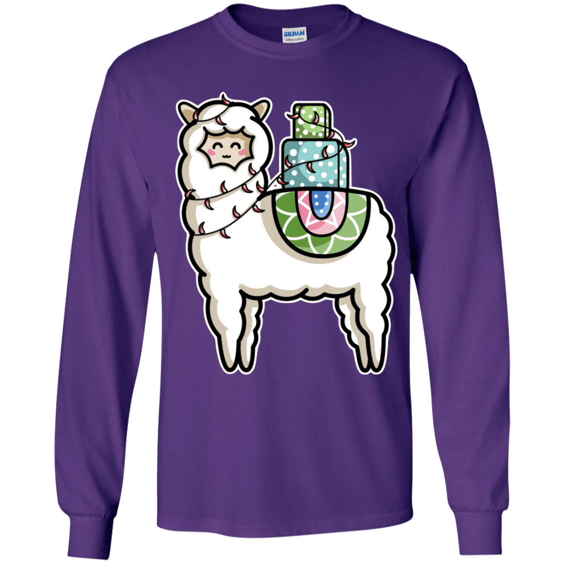 T-Shirts Purple / YS Kawaii Cute Llama Carrying Presents Youth Long Sleeve T-Shirt