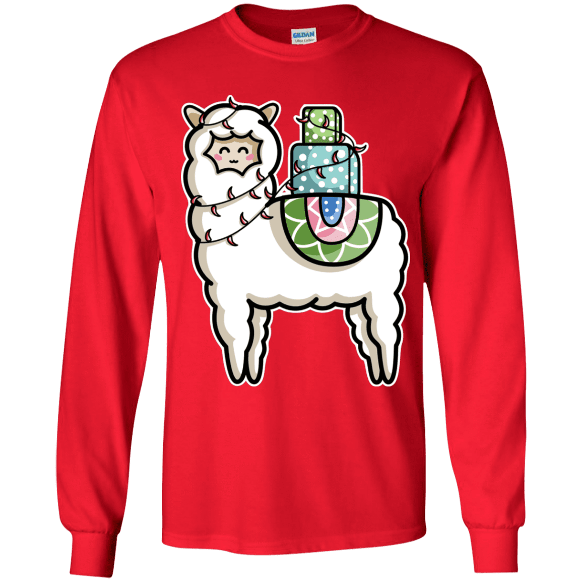 T-Shirts Red / YS Kawaii Cute Llama Carrying Presents Youth Long Sleeve T-Shirt
