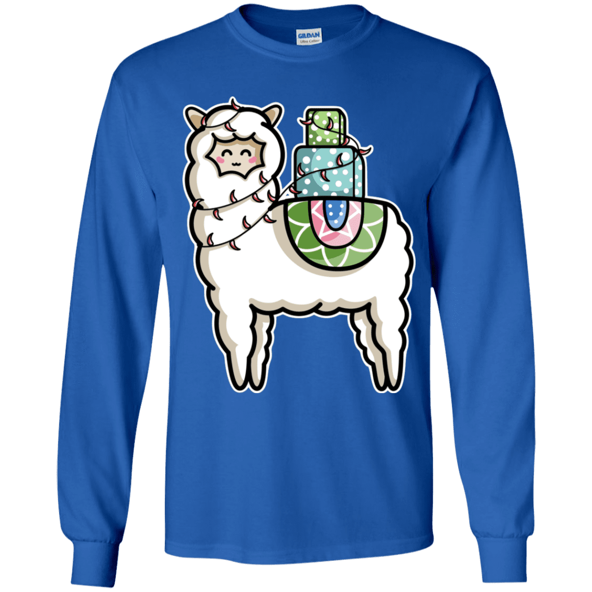T-Shirts Royal / YS Kawaii Cute Llama Carrying Presents Youth Long Sleeve T-Shirt