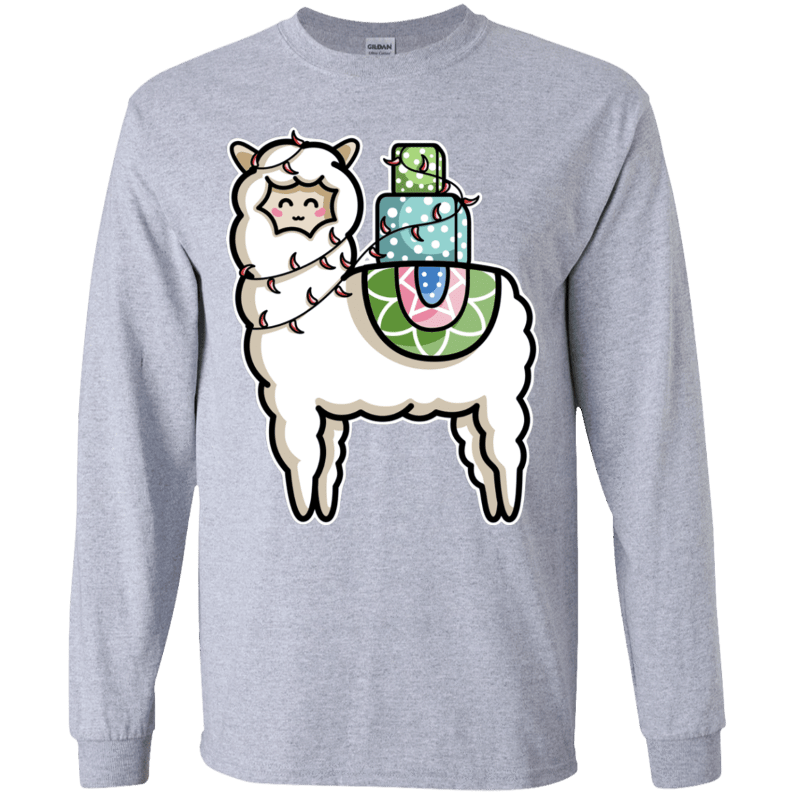 T-Shirts Sport Grey / YS Kawaii Cute Llama Carrying Presents Youth Long Sleeve T-Shirt