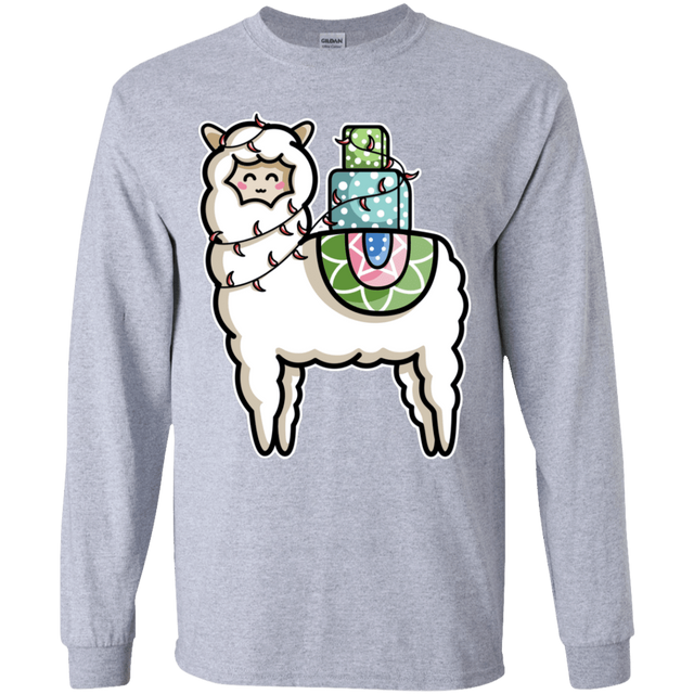 T-Shirts Sport Grey / YS Kawaii Cute Llama Carrying Presents Youth Long Sleeve T-Shirt