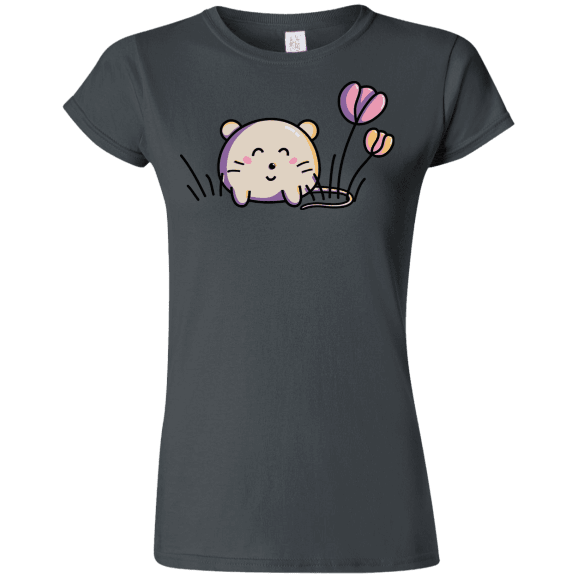 T-Shirts Charcoal / S Kawaii Mouse and Tulips Junior Slimmer-Fit T-Shirt