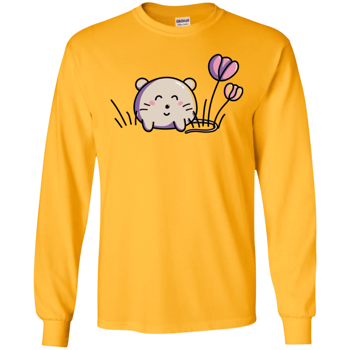 T-Shirts Gold / S Kawaii Mouse and Tulips Men's Long Sleeve T-Shirt