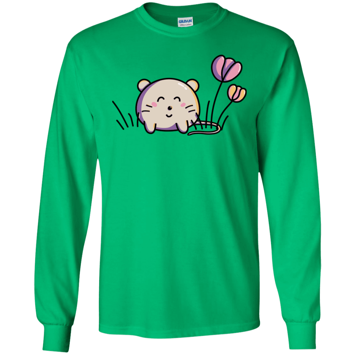 T-Shirts Irish Green / S Kawaii Mouse and Tulips Men's Long Sleeve T-Shirt