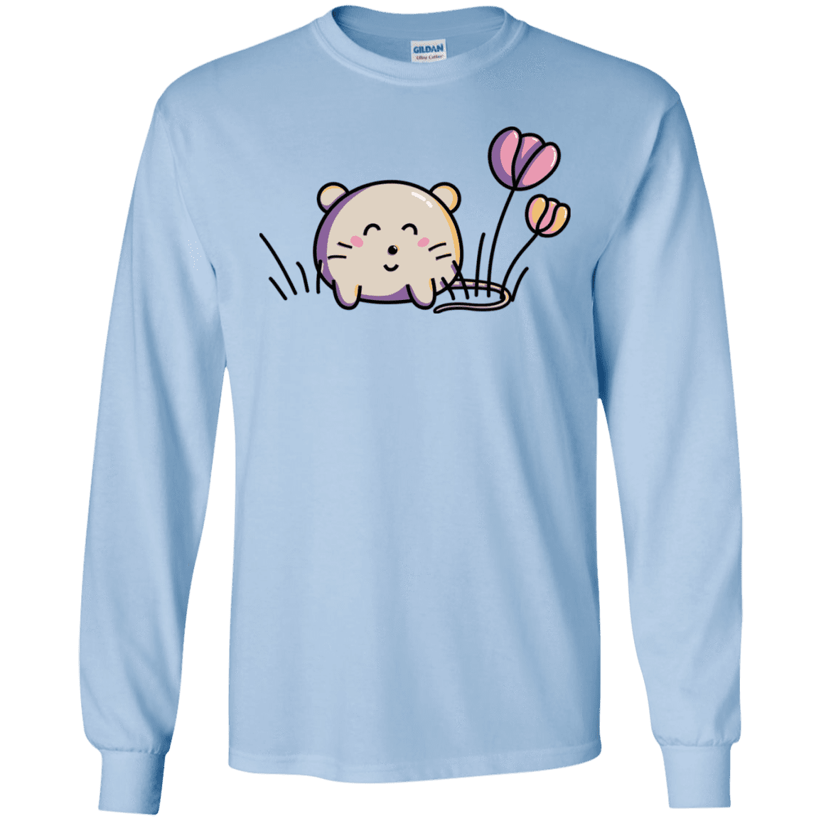 T-Shirts Light Blue / S Kawaii Mouse and Tulips Men's Long Sleeve T-Shirt