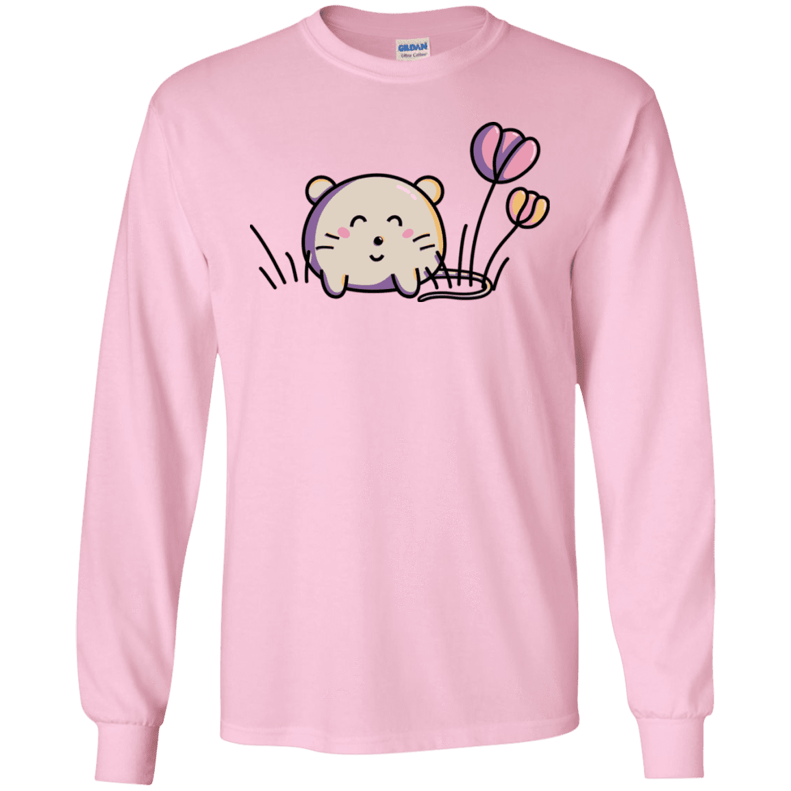T-Shirts Light Pink / S Kawaii Mouse and Tulips Men's Long Sleeve T-Shirt