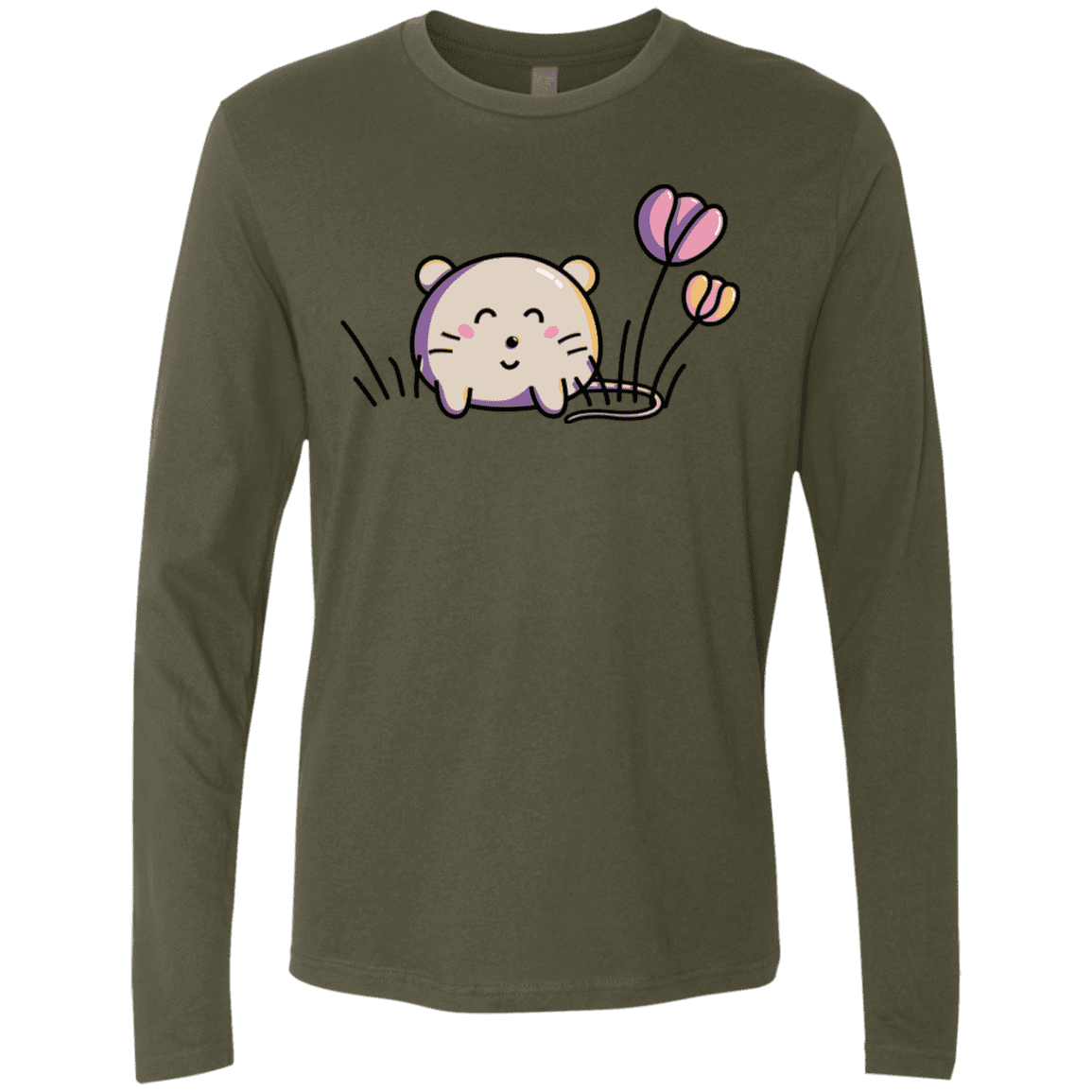 T-Shirts Military Green / S Kawaii Mouse and Tulips Men's Premium Long Sleeve