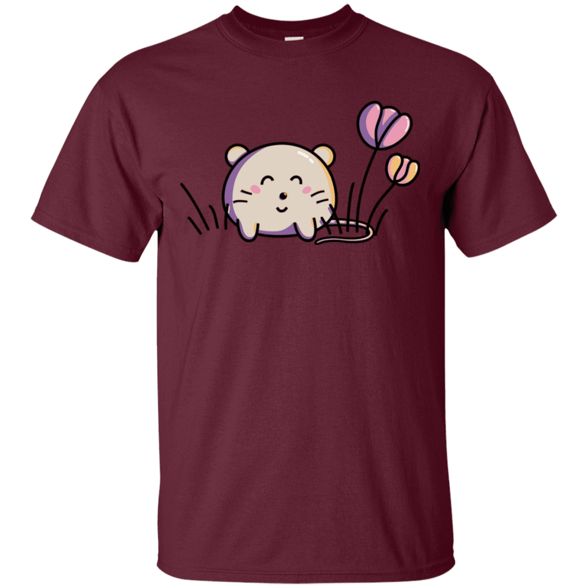 T-Shirts Maroon / S Kawaii Mouse and Tulips T-Shirt