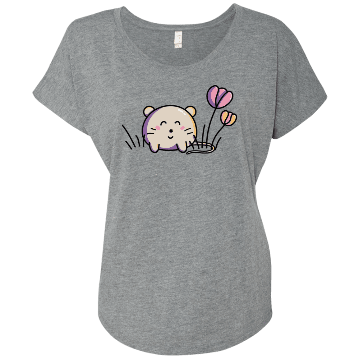 T-Shirts Premium Heather / X-Small Kawaii Mouse and Tulips Triblend Dolman Sleeve