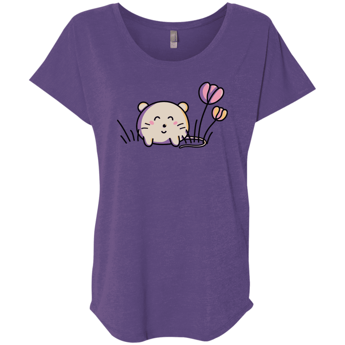 T-Shirts Purple Rush / X-Small Kawaii Mouse and Tulips Triblend Dolman Sleeve