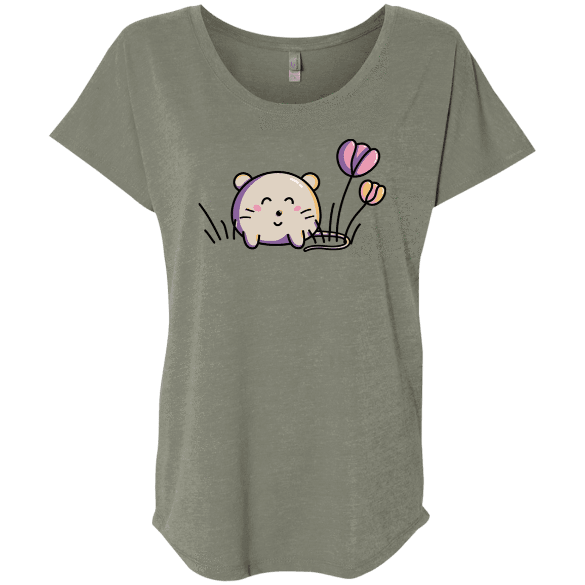 T-Shirts Venetian Grey / X-Small Kawaii Mouse and Tulips Triblend Dolman Sleeve