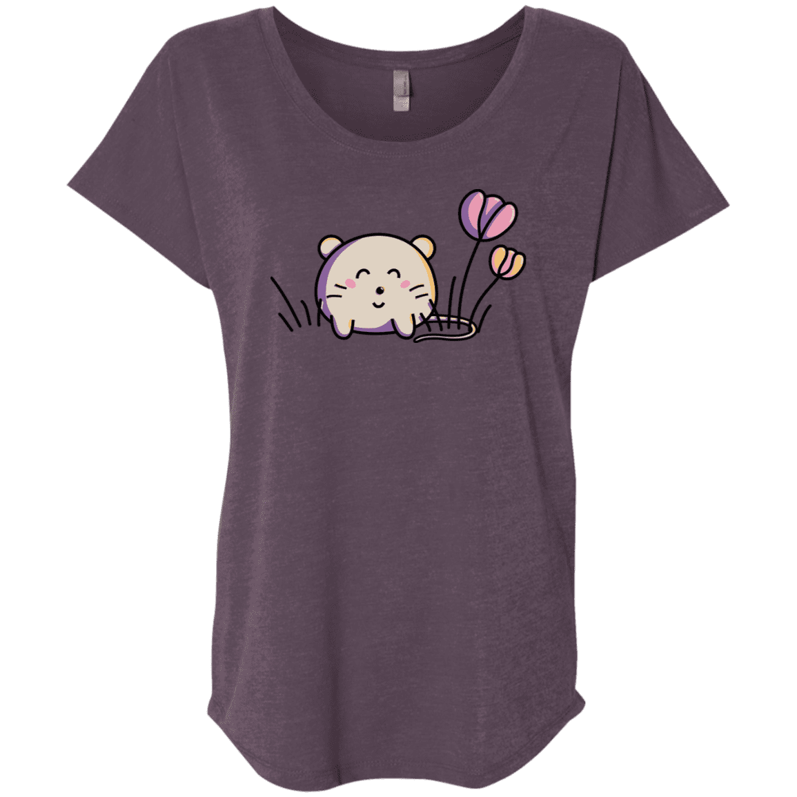 T-Shirts Vintage Purple / X-Small Kawaii Mouse and Tulips Triblend Dolman Sleeve
