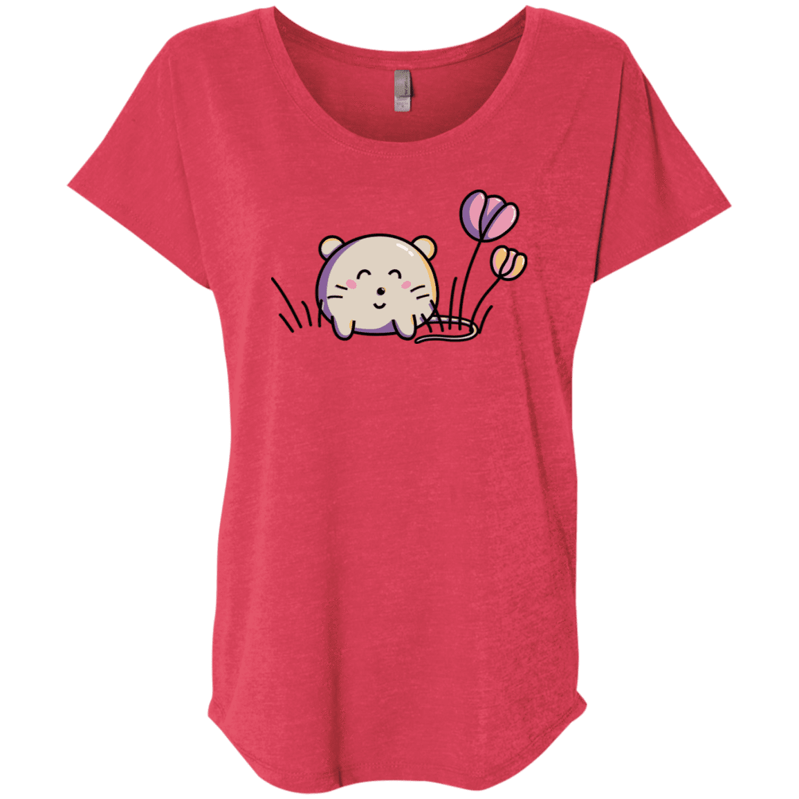 T-Shirts Vintage Red / X-Small Kawaii Mouse and Tulips Triblend Dolman Sleeve