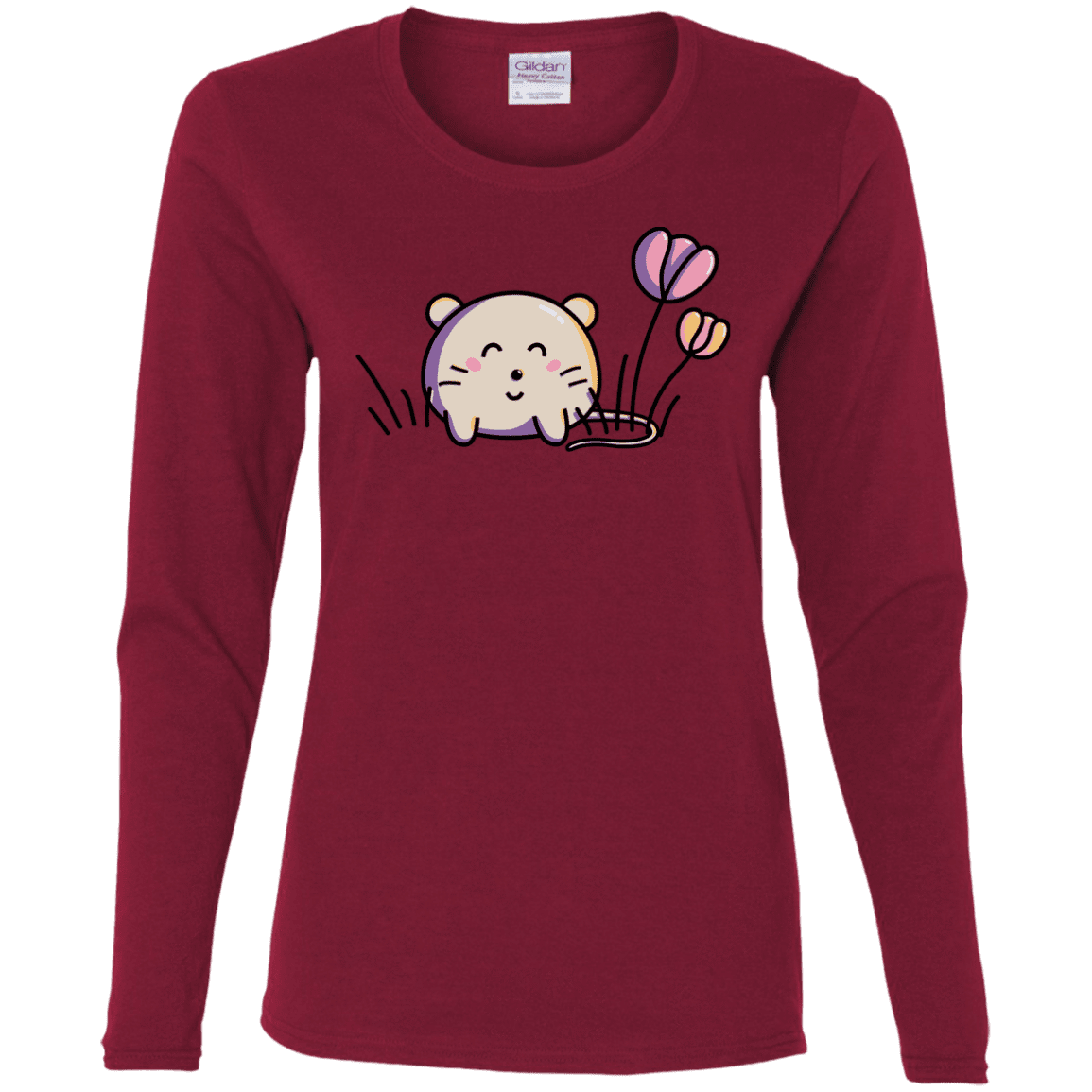 T-Shirts Cardinal / S Kawaii Mouse and Tulips Women's Long Sleeve T-Shirt