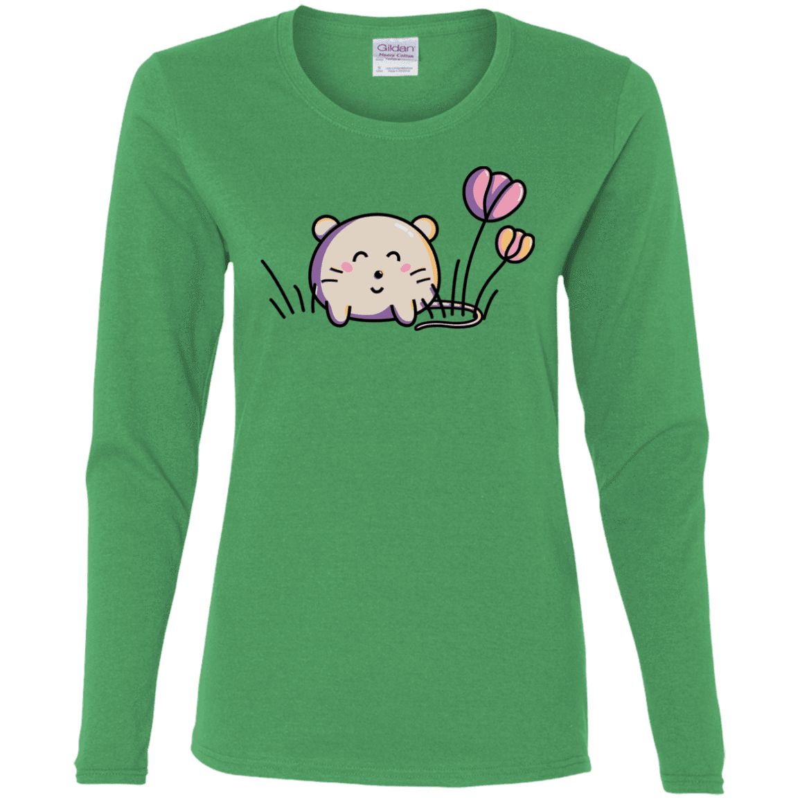 T-Shirts Irish Green / S Kawaii Mouse and Tulips Women's Long Sleeve T-Shirt