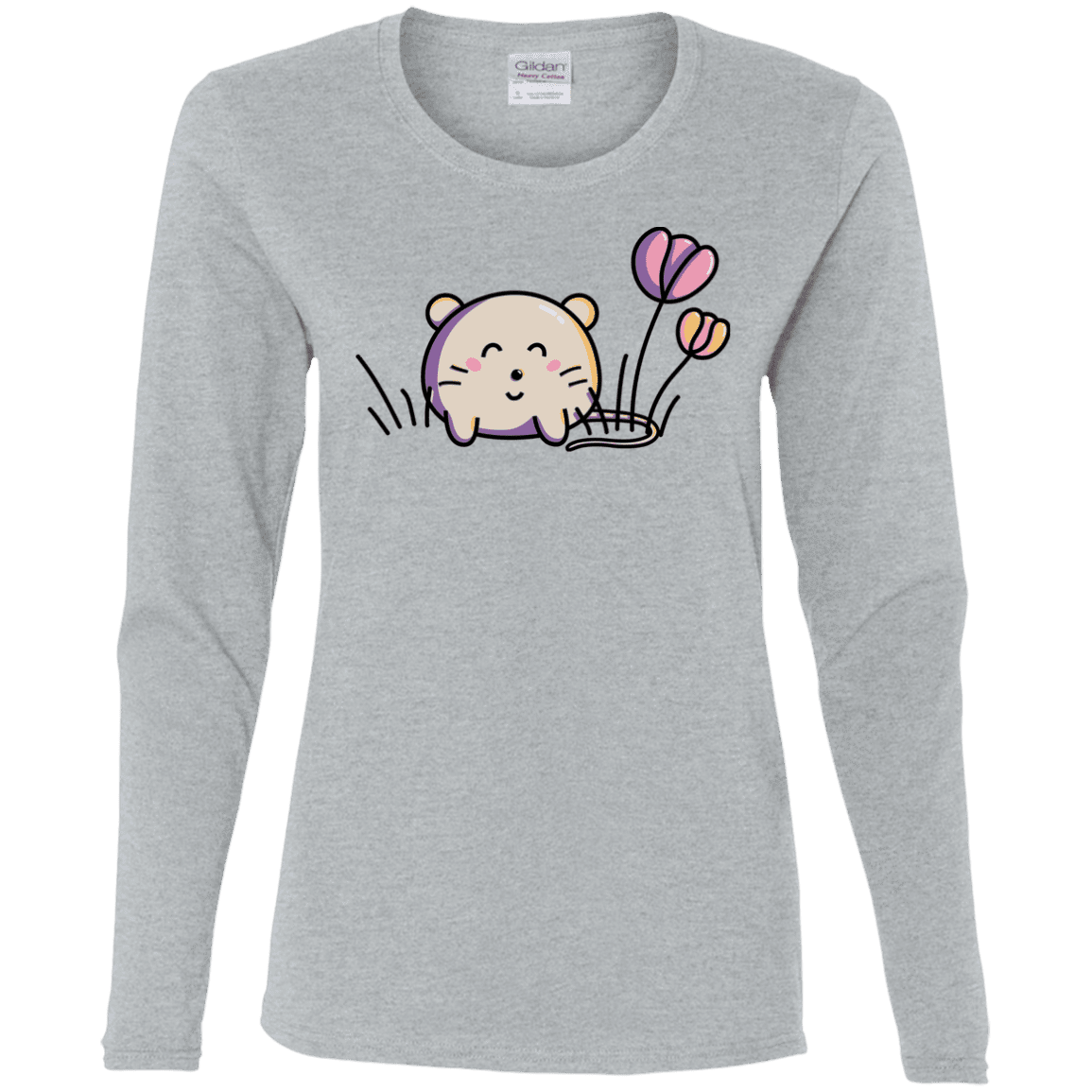 T-Shirts Sport Grey / S Kawaii Mouse and Tulips Women's Long Sleeve T-Shirt