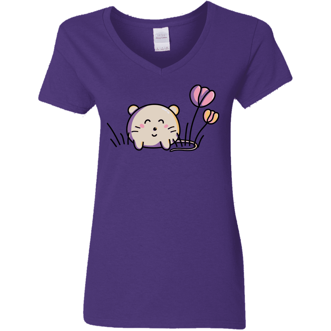 T-Shirts Purple / S Kawaii Mouse and Tulips Women's V-Neck T-Shirt