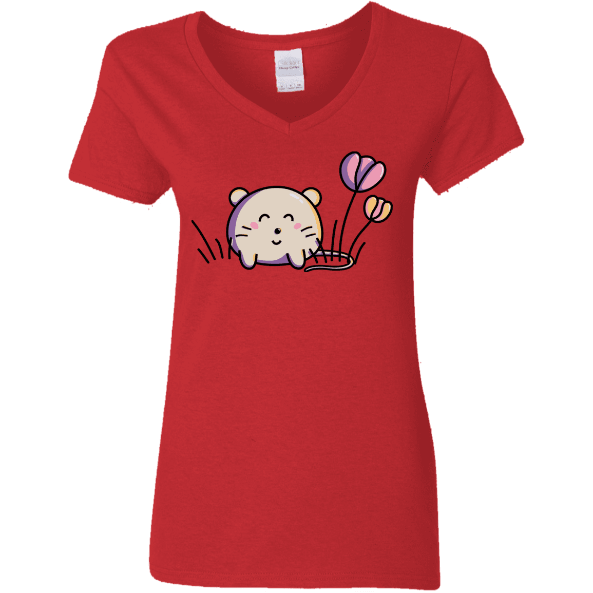 T-Shirts Red / S Kawaii Mouse and Tulips Women's V-Neck T-Shirt