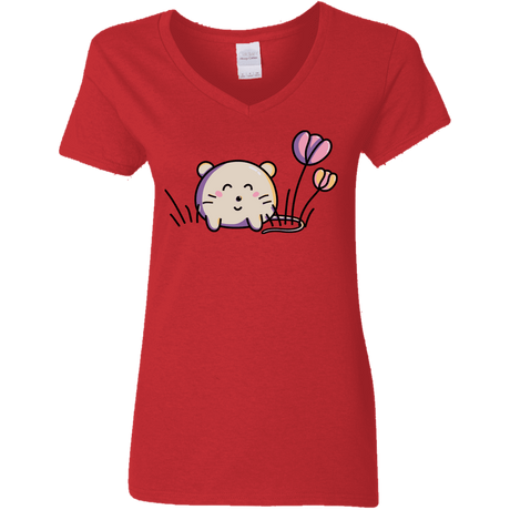 T-Shirts Red / S Kawaii Mouse and Tulips Women's V-Neck T-Shirt