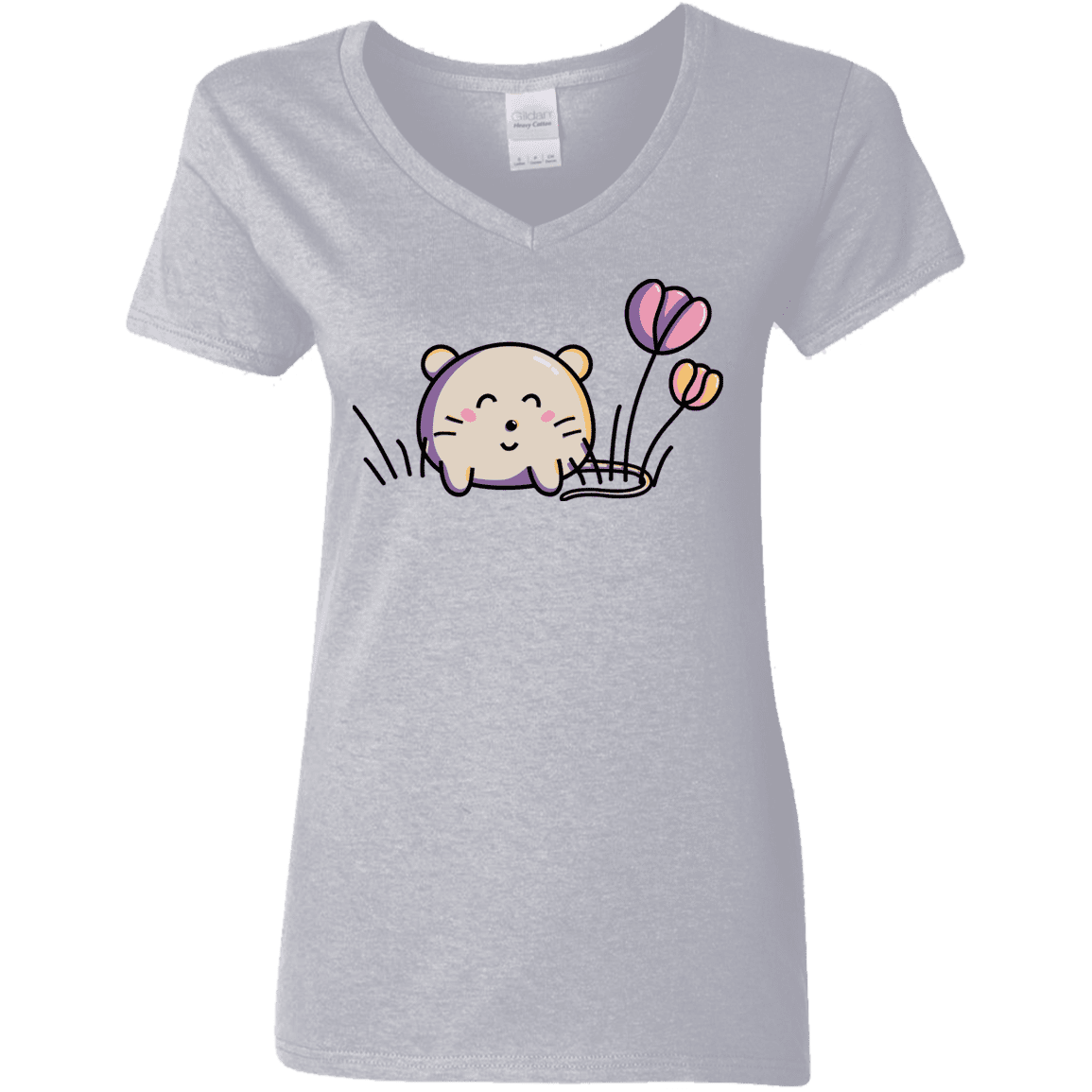 T-Shirts Sport Grey / S Kawaii Mouse and Tulips Women's V-Neck T-Shirt