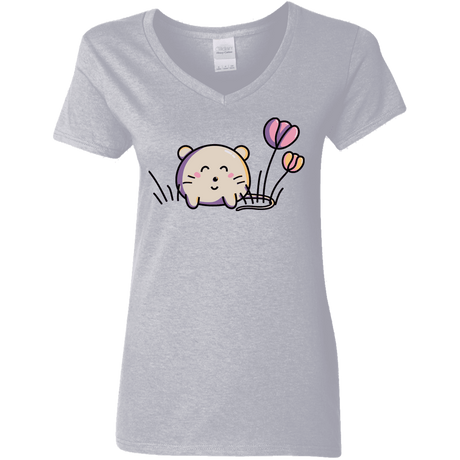 T-Shirts Sport Grey / S Kawaii Mouse and Tulips Women's V-Neck T-Shirt