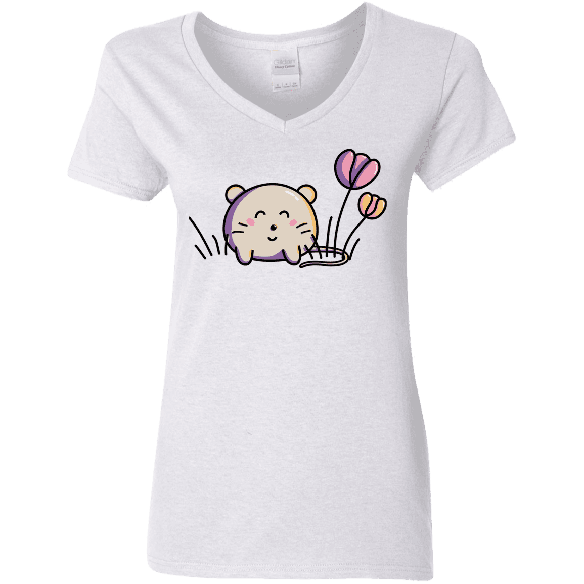 T-Shirts White / S Kawaii Mouse and Tulips Women's V-Neck T-Shirt