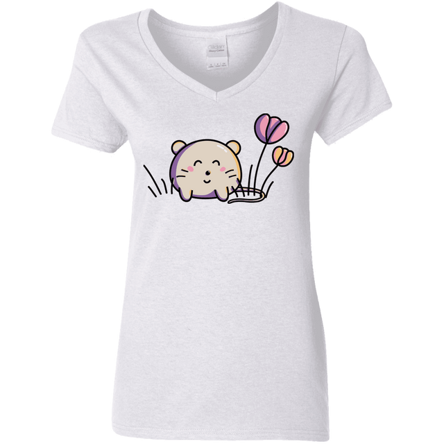 T-Shirts White / S Kawaii Mouse and Tulips Women's V-Neck T-Shirt