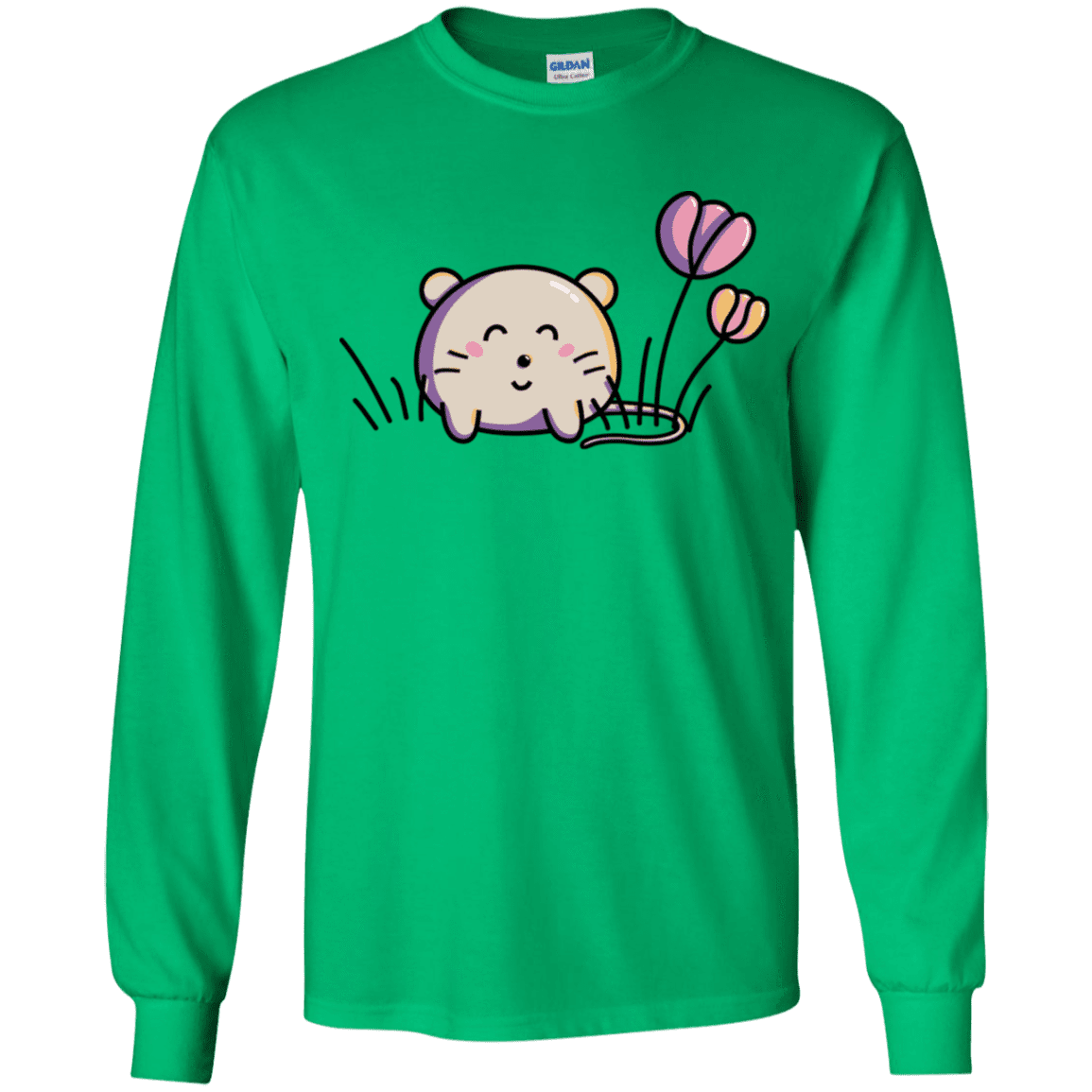 T-Shirts Irish Green / YS Kawaii Mouse and Tulips Youth Long Sleeve T-Shirt