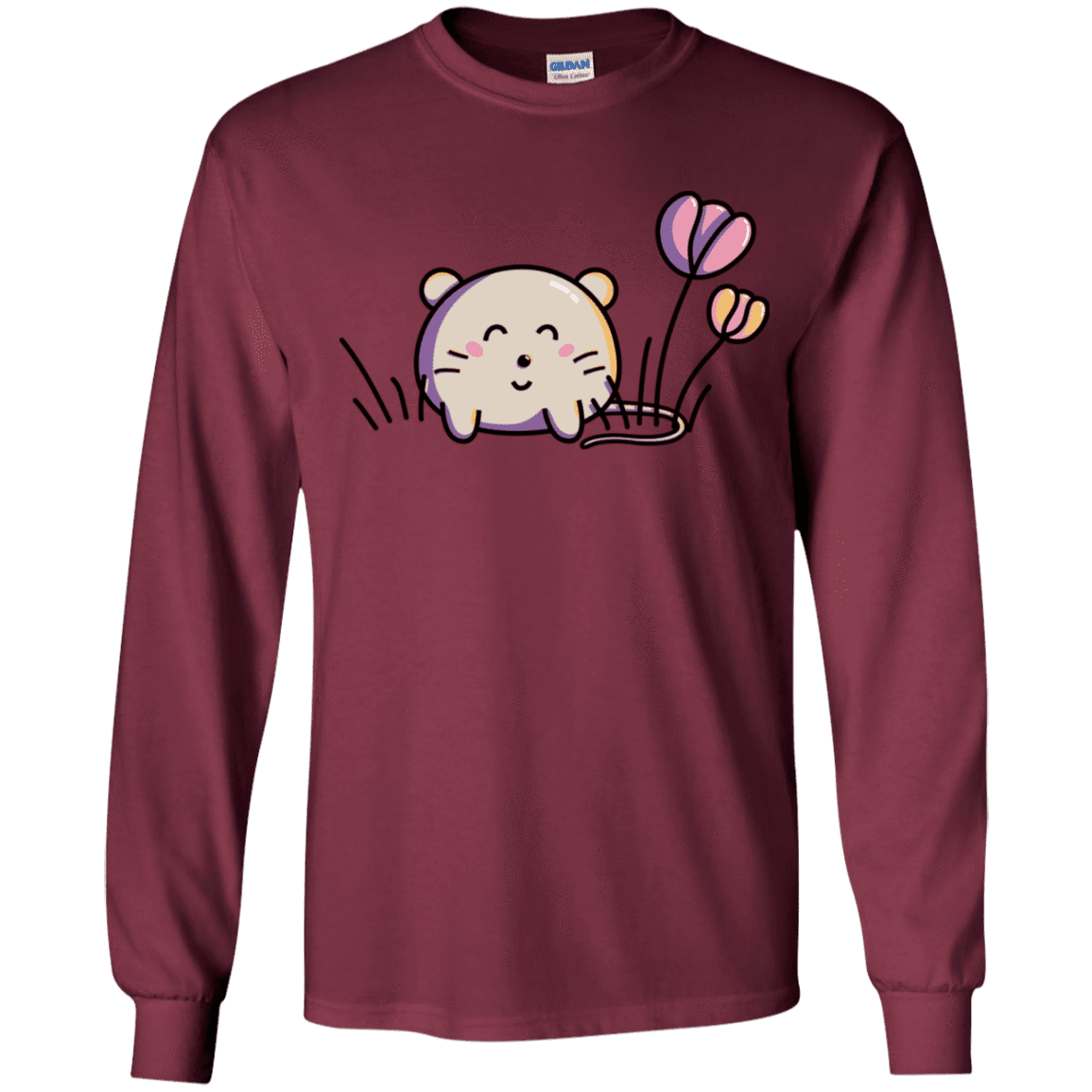 T-Shirts Maroon / YS Kawaii Mouse and Tulips Youth Long Sleeve T-Shirt