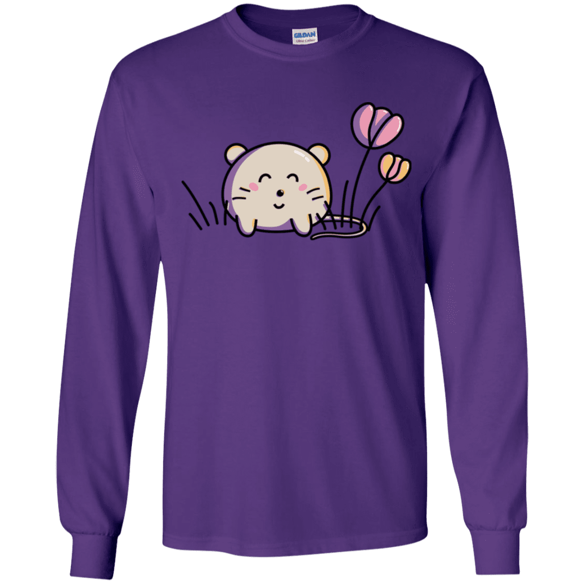 T-Shirts Purple / YS Kawaii Mouse and Tulips Youth Long Sleeve T-Shirt