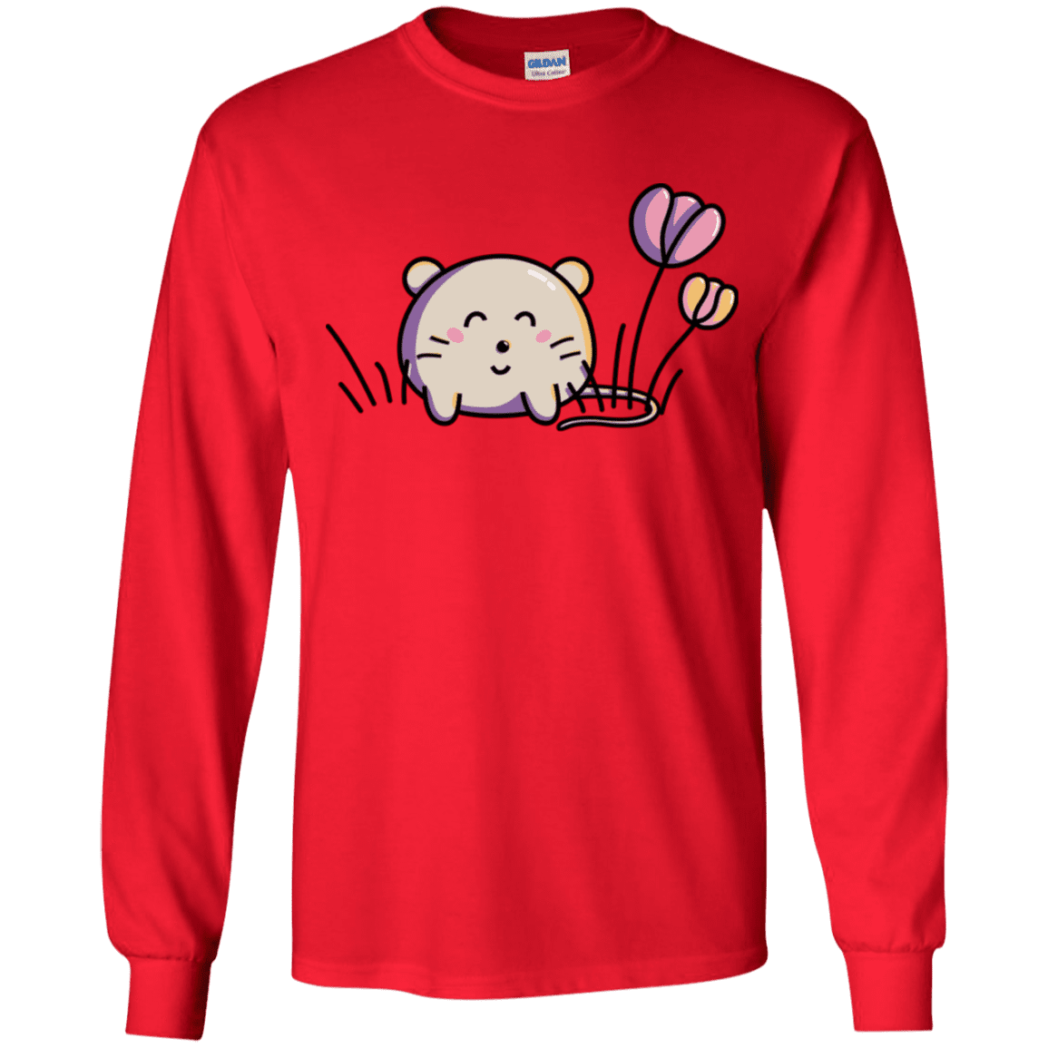 T-Shirts Red / YS Kawaii Mouse and Tulips Youth Long Sleeve T-Shirt