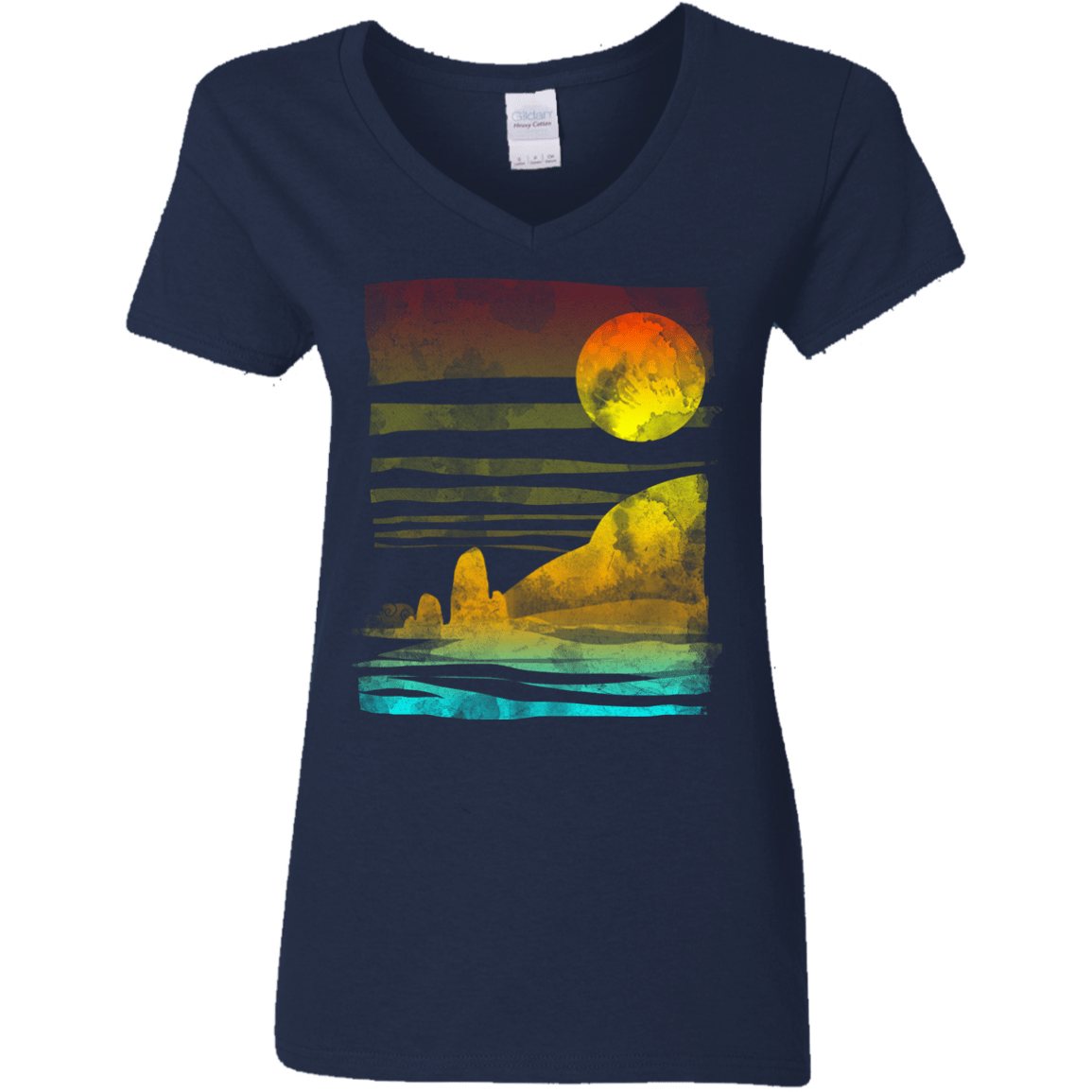 T-Shirts Navy / S Landscape Painted With Tea Women's V-Neck T-Shirt