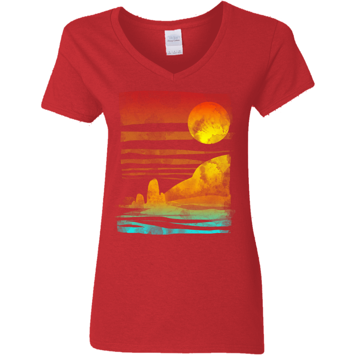 T-Shirts Red / S Landscape Painted With Tea Women's V-Neck T-Shirt