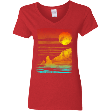 T-Shirts Red / S Landscape Painted With Tea Women's V-Neck T-Shirt