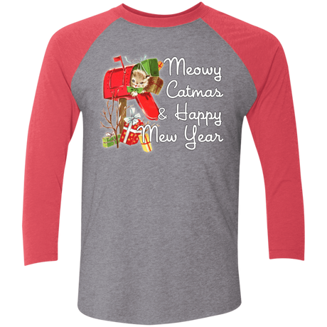 T-Shirts Premium Heather/ Vintage Red / X-Small Meowy Catmas Men's Triblend 3/4 Sleeve