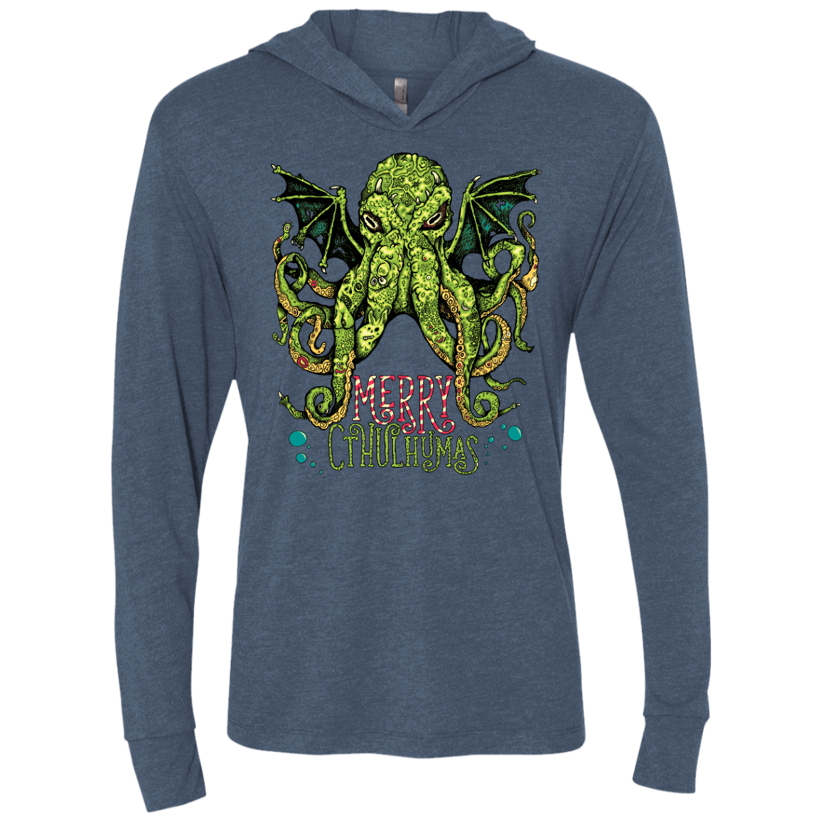 T-Shirts Indigo / X-Small Merry Cthulhumas Triblend Long Sleeve Hoodie Tee