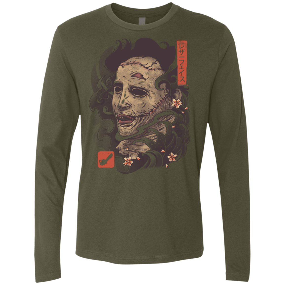 T-Shirts Military Green / S Oni Leather Mask Men's Premium Long Sleeve