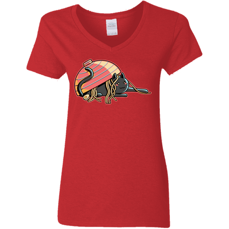 T-Shirts Red / S Ramen Loving Cat Women's V-Neck T-Shirt