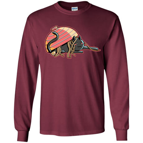 T-Shirts Maroon / YS Ramen Loving Cat Youth Long Sleeve T-Shirt