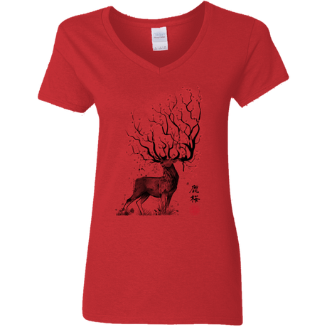 T-Shirts Red / S Sakura Deer Women's V-Neck T-Shirt