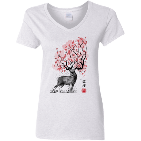 T-Shirts White / S Sakura Deer Women's V-Neck T-Shirt